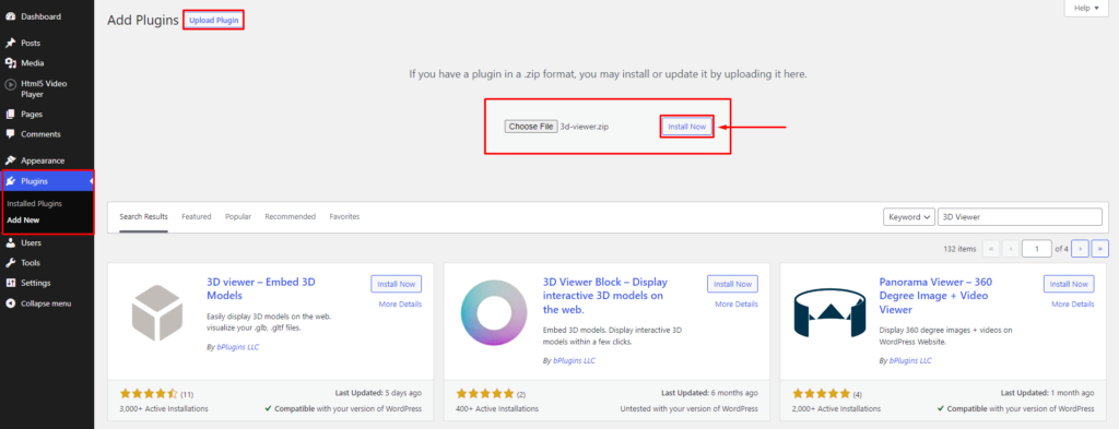 This is a screenshot of 3d Viewer- Install by Upload