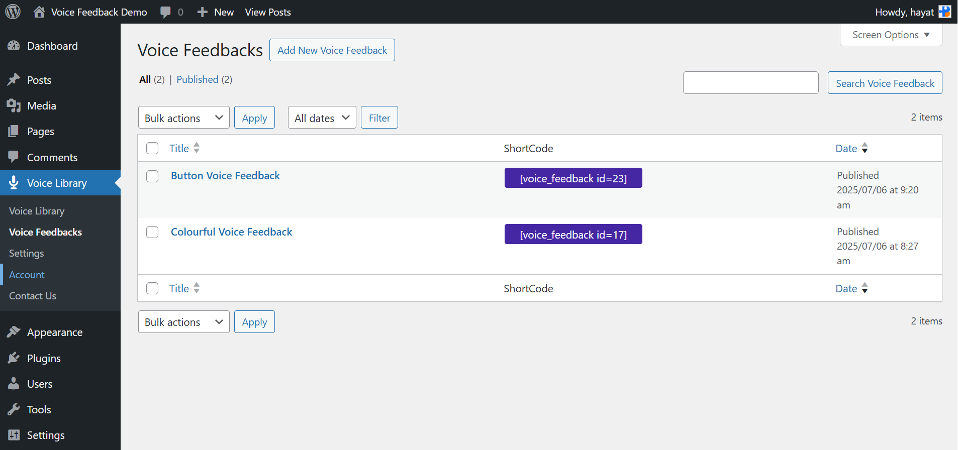 Copy Voice Feedback shortcode