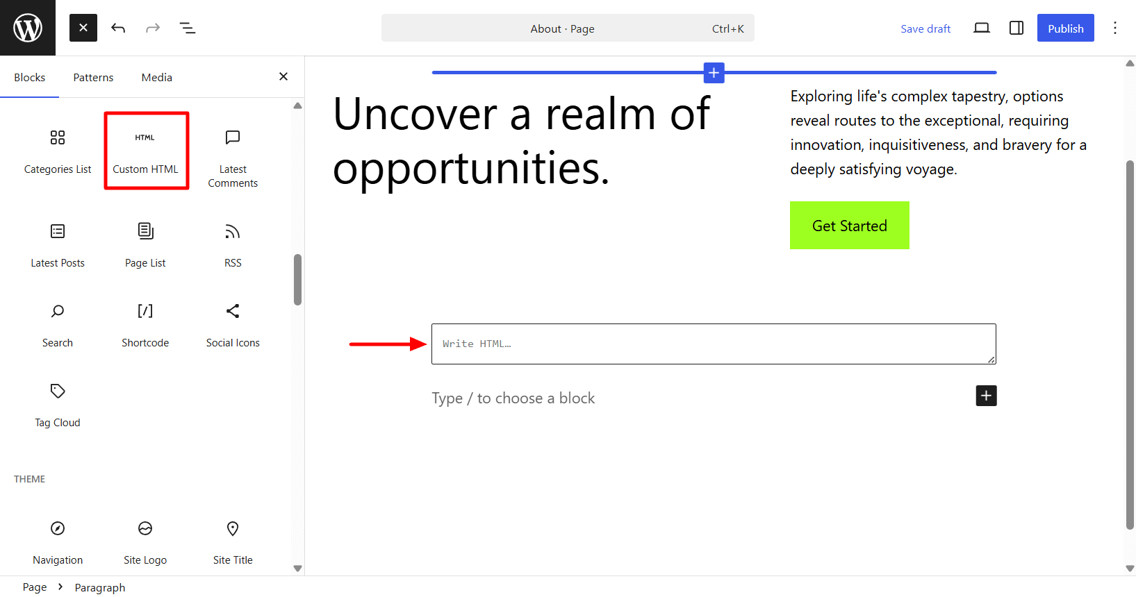 Add the Custom HTML block