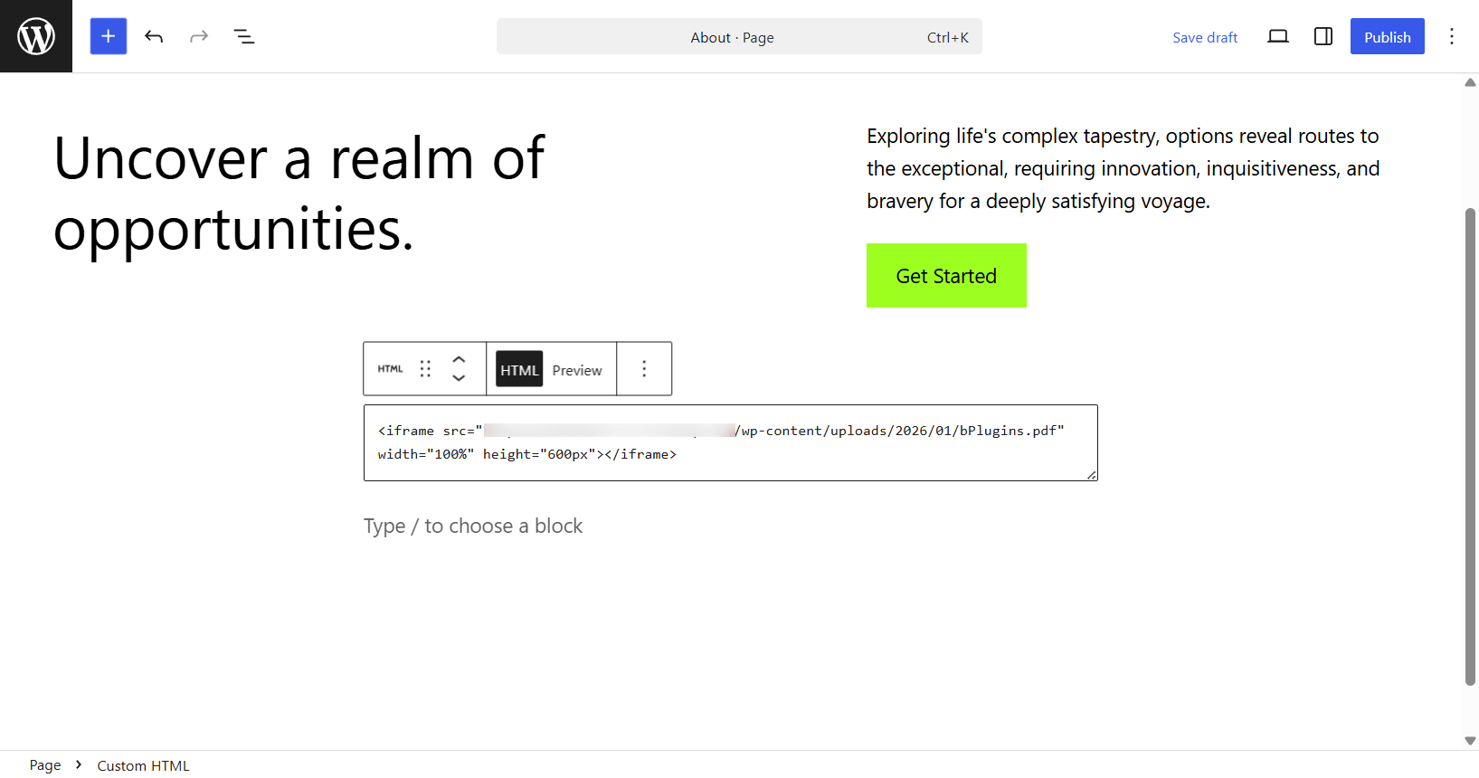 Add iframe code with pdf source link