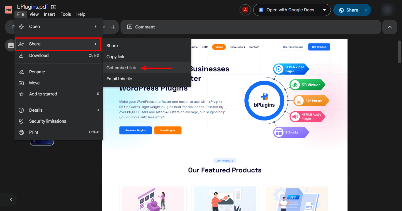 Get embeded link form google drive