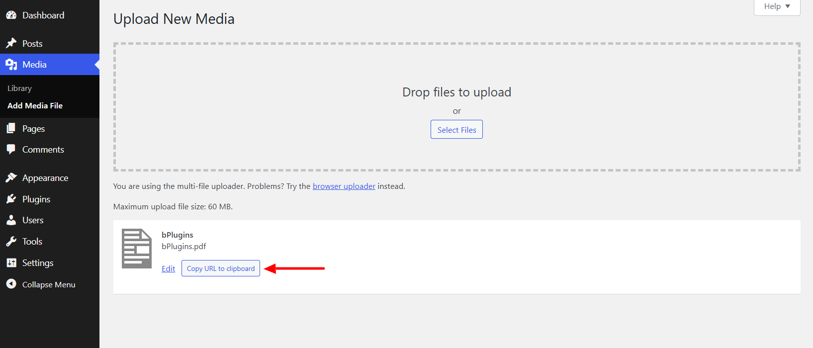 Upload new media file and copy the link